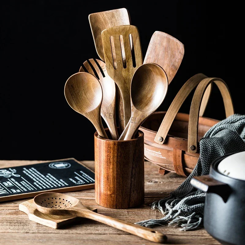 Acacia Wooden Kitchen Utensils Set – Spoons, Holder & Spoon Rest 9-Piece