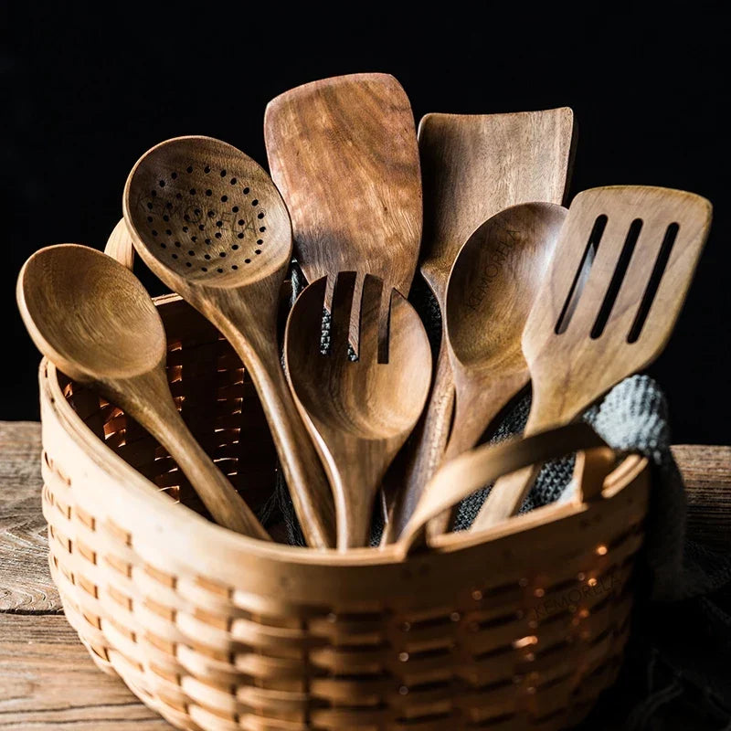 Acacia Wooden Kitchen Utensils Set – Spoons, Holder & Spoon Rest 9-Piece